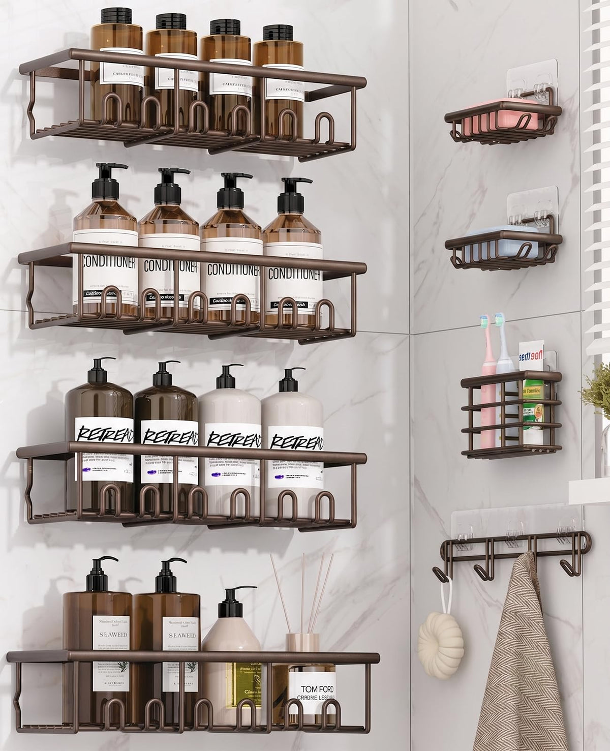 8 Pack Adhesive Bathroom Holders & Dispensers for Kids & Adults, Black